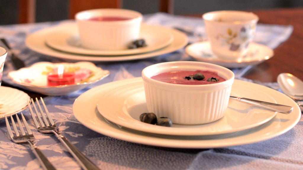 Blueberry Soup on styled breakfast table