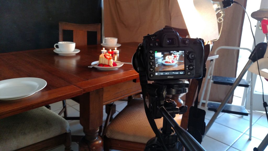 Camera setup film and television food stylist cheesecake